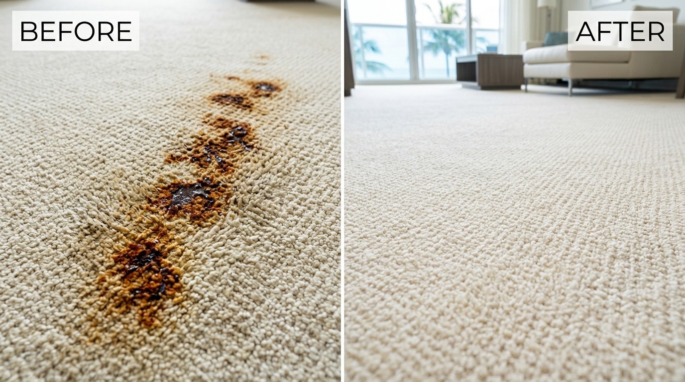 Carpet and upholstery stain restoration in South Beach Art Deco condo, Miami Beach FL