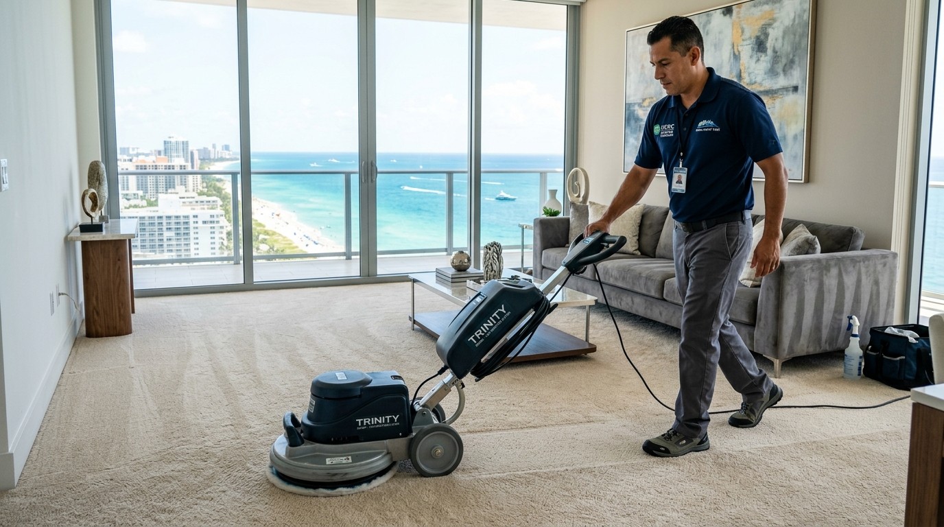 Técnico certificado realizando limpieza profunda de alfombras con secado en 2 horas en Miami FL