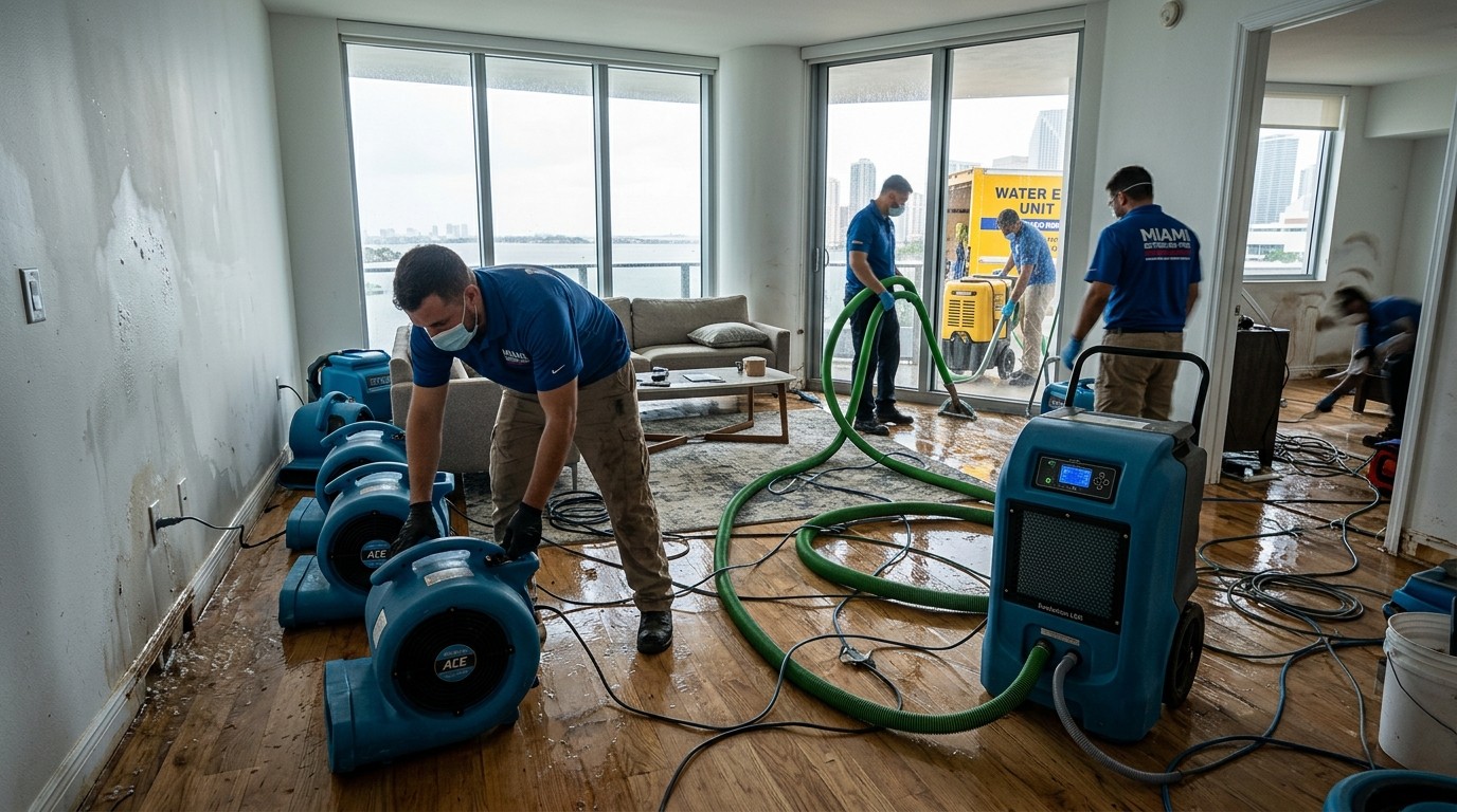Emergency water damage restoration team operating extraction wands and commercial dehumidifiers in flooded Miami condo